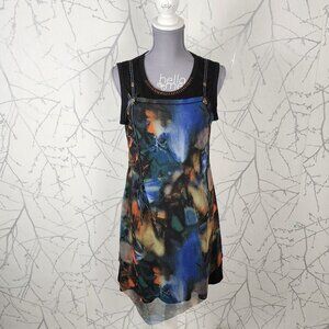 Papillon Artsy Watercolor Print Mesh Overlay Sleeveless Midi Dress